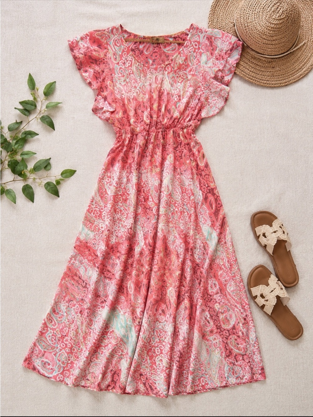 Yuli Art Silk Pink Paisley Maxi Dress Flutter Sleeve Boho Free Size